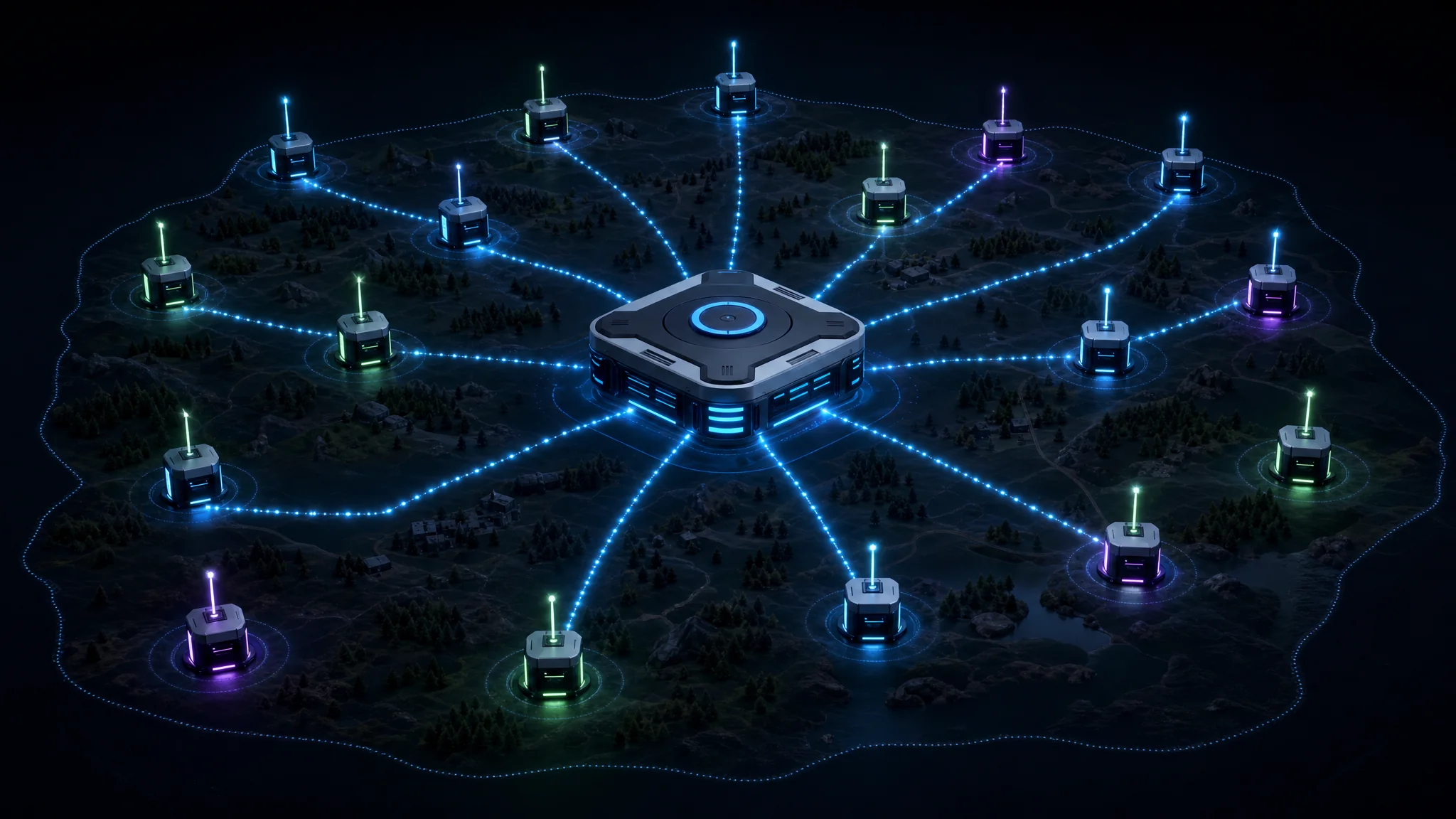 Diagram showing multiple RayHunter devices deployed across a coverage area, each reporting detections to a coordinating master device for cross-validation