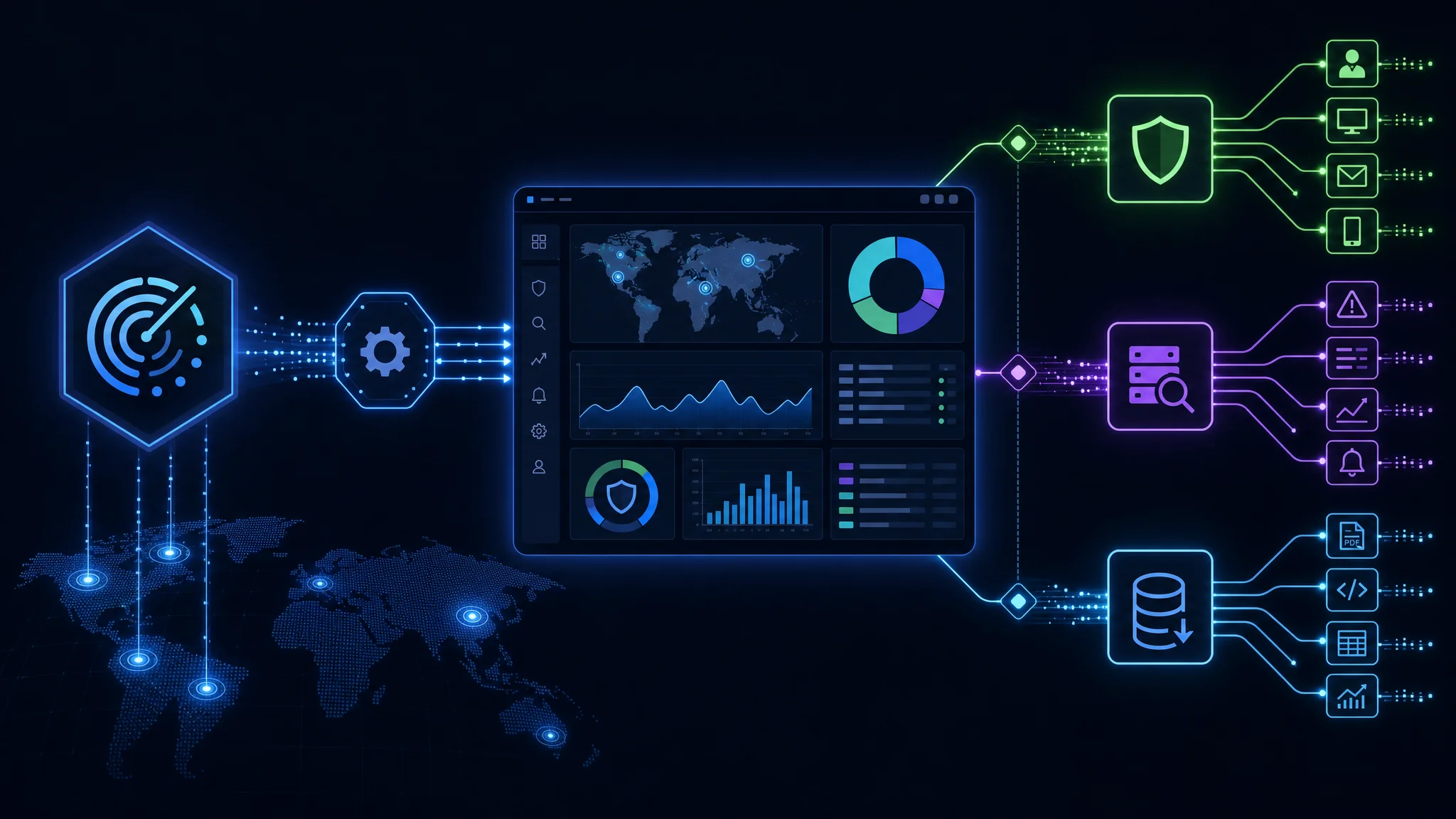 Workflow diagram showing RayHunter REST API data flowing into a security operations center dashboard alongside SIEM alerting and research export pipelines