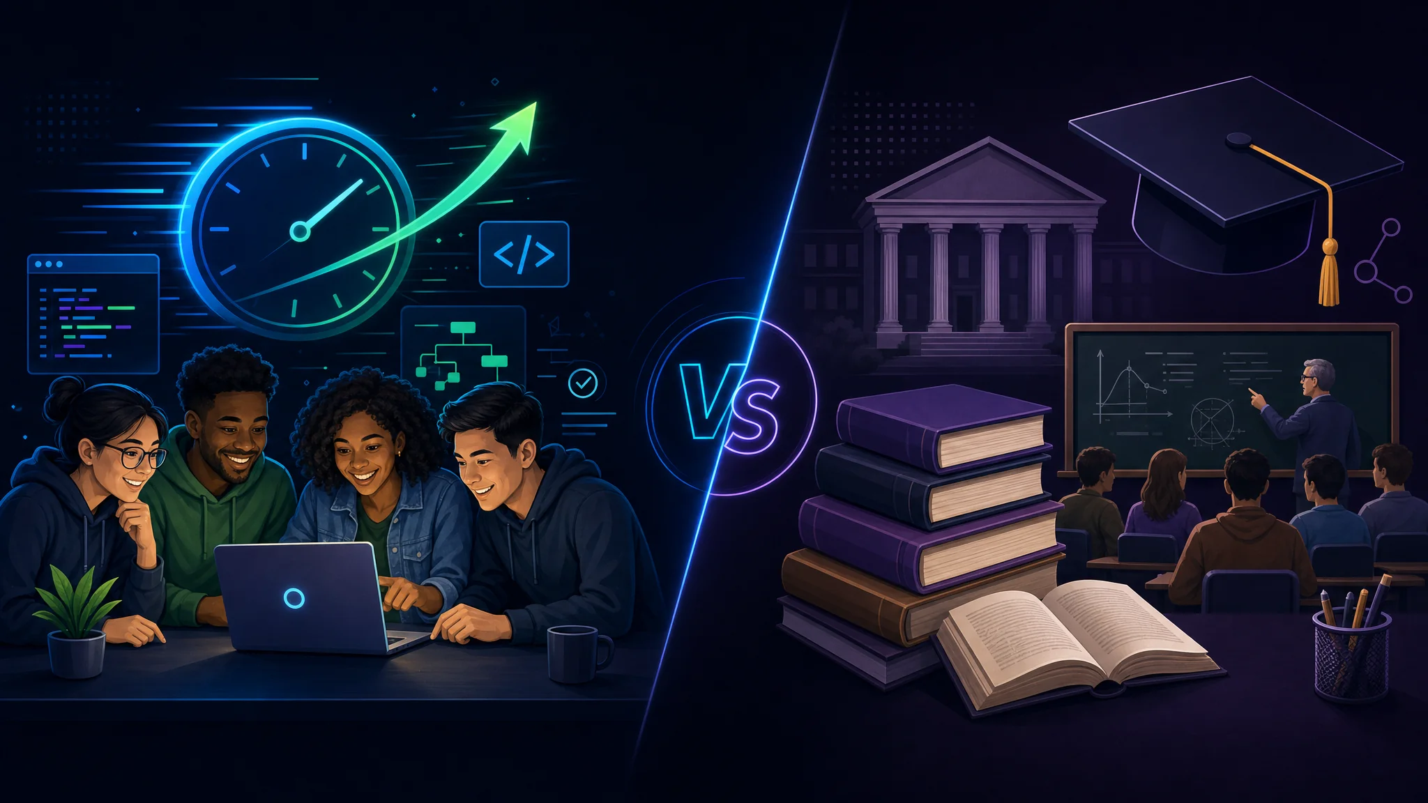 Diagram comparing coding bootcamp tradeoffs against traditional degree programs, weighing depth of curriculum, employer recognition, and program intensity