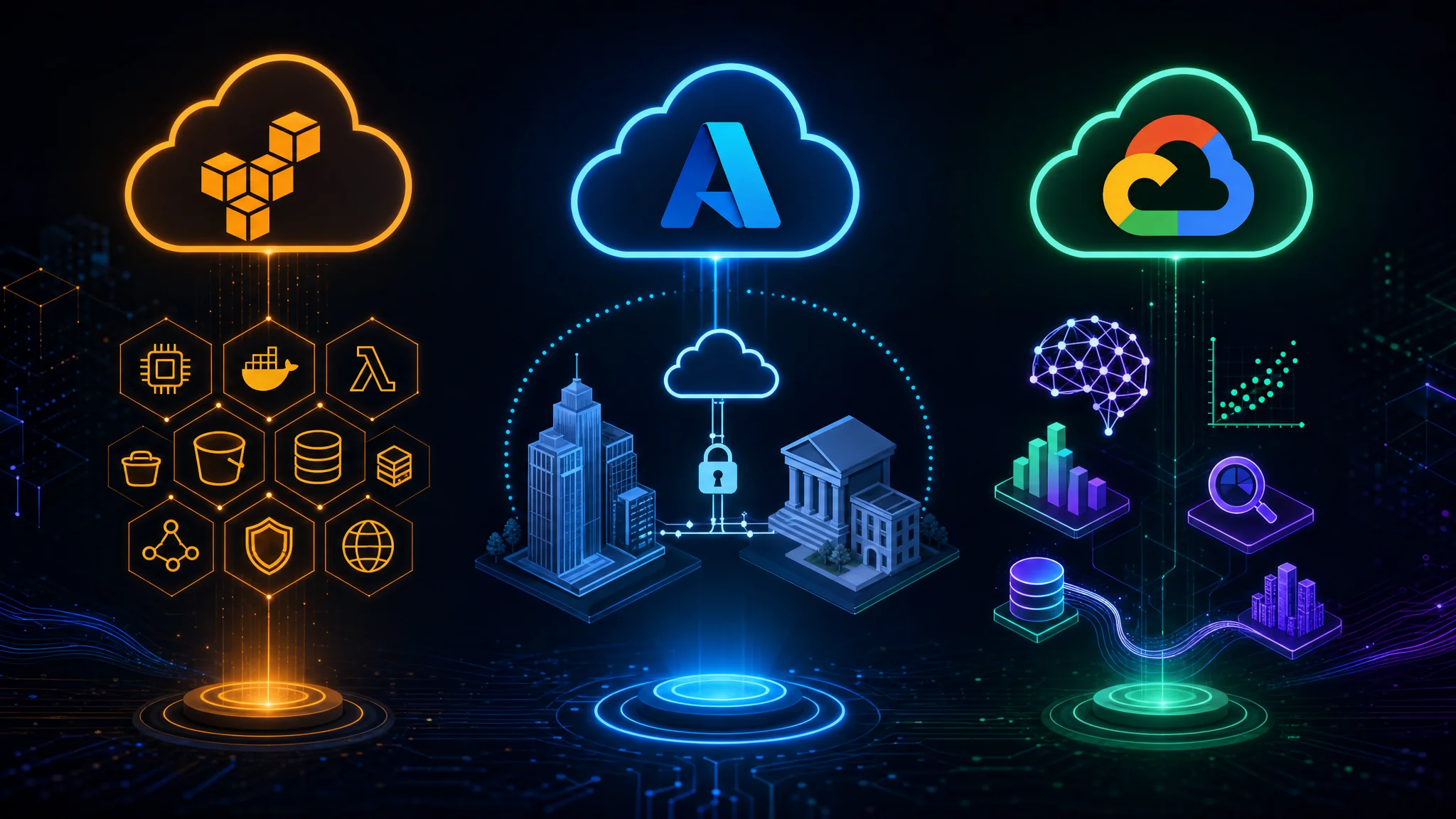 Comparison diagram showing AWS at 32 percent market share, Azure at 23 percent, and Google Cloud at 10 percent with each platform's primary strengths highlighted for cloud provider selection