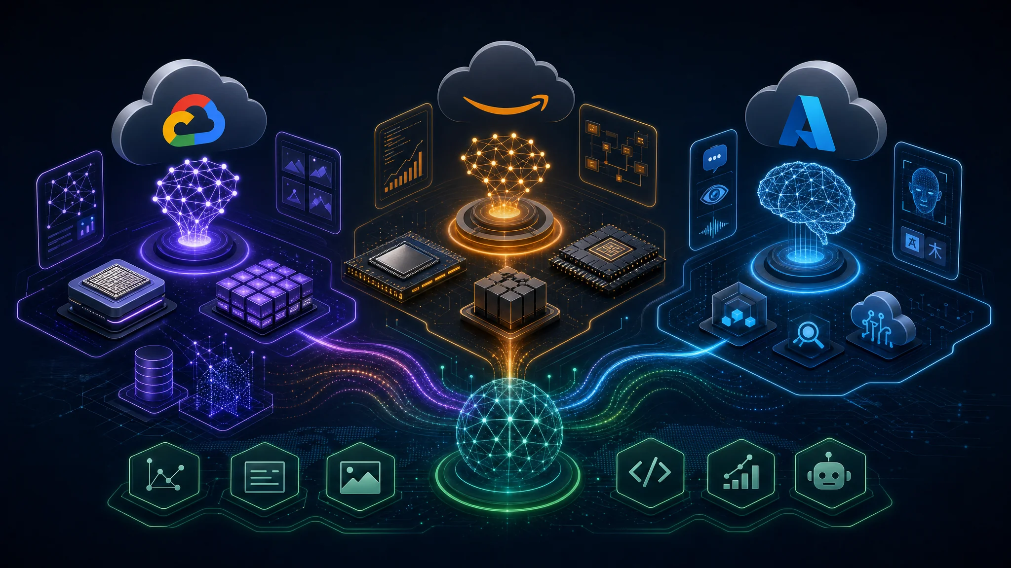Chart showing recommended cloud platform choices by industry and use case including AWS for media and financial services, Azure for enterprise and healthcare, and Google Cloud for data analytics and machine learning
