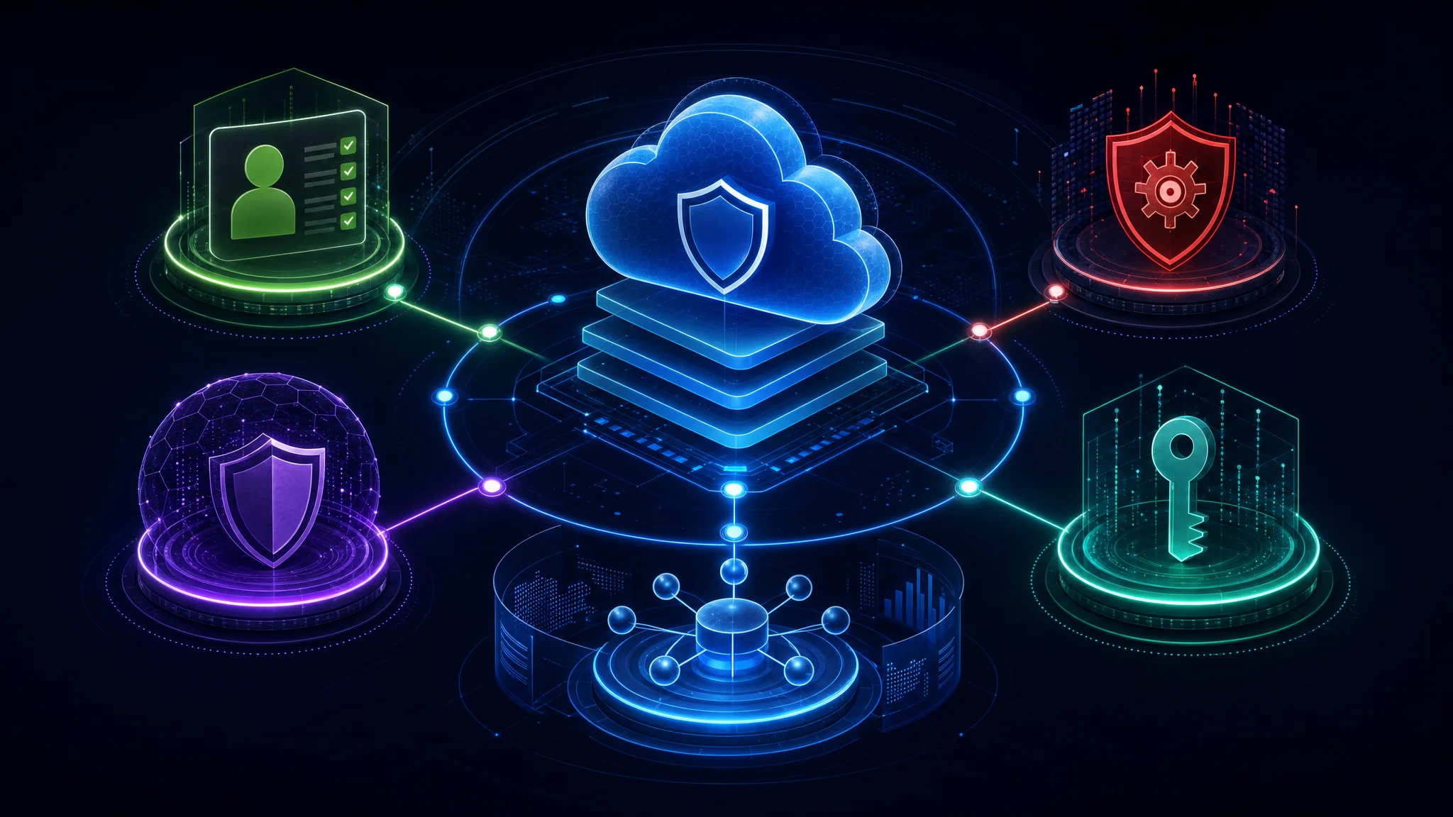Diagram showing the AWS cloud security stack with IAM permissions management, GuardDuty threat detection, Shield DDoS protection, KMS encryption key management, and Security Hub centralizing compliance findings