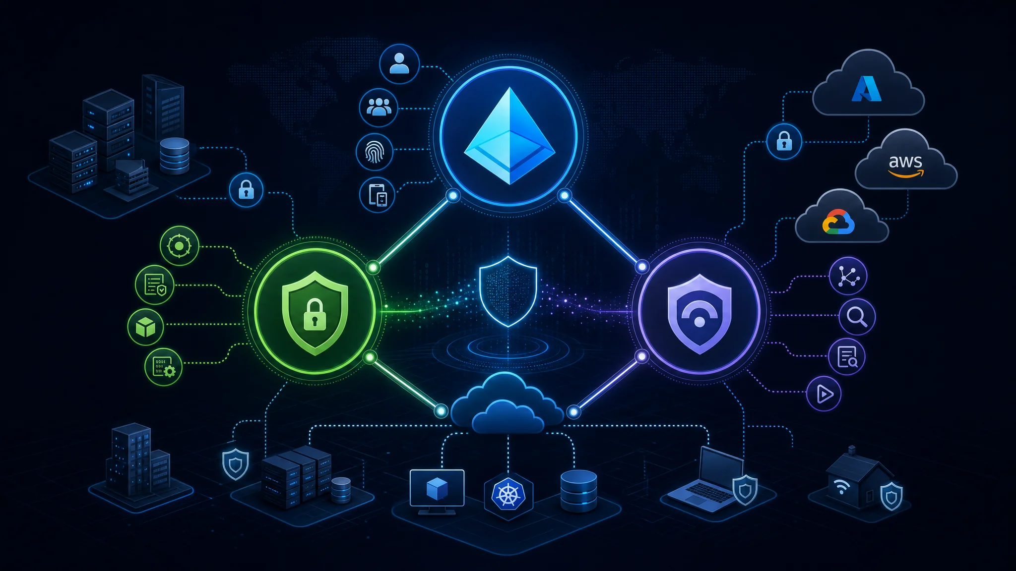 Diagram showing Microsoft Azure security architecture with Azure Active Directory identity management, Defender for Cloud unified threat protection, and Sentinel SIEM platform connected to hybrid on-premises and cloud workloads