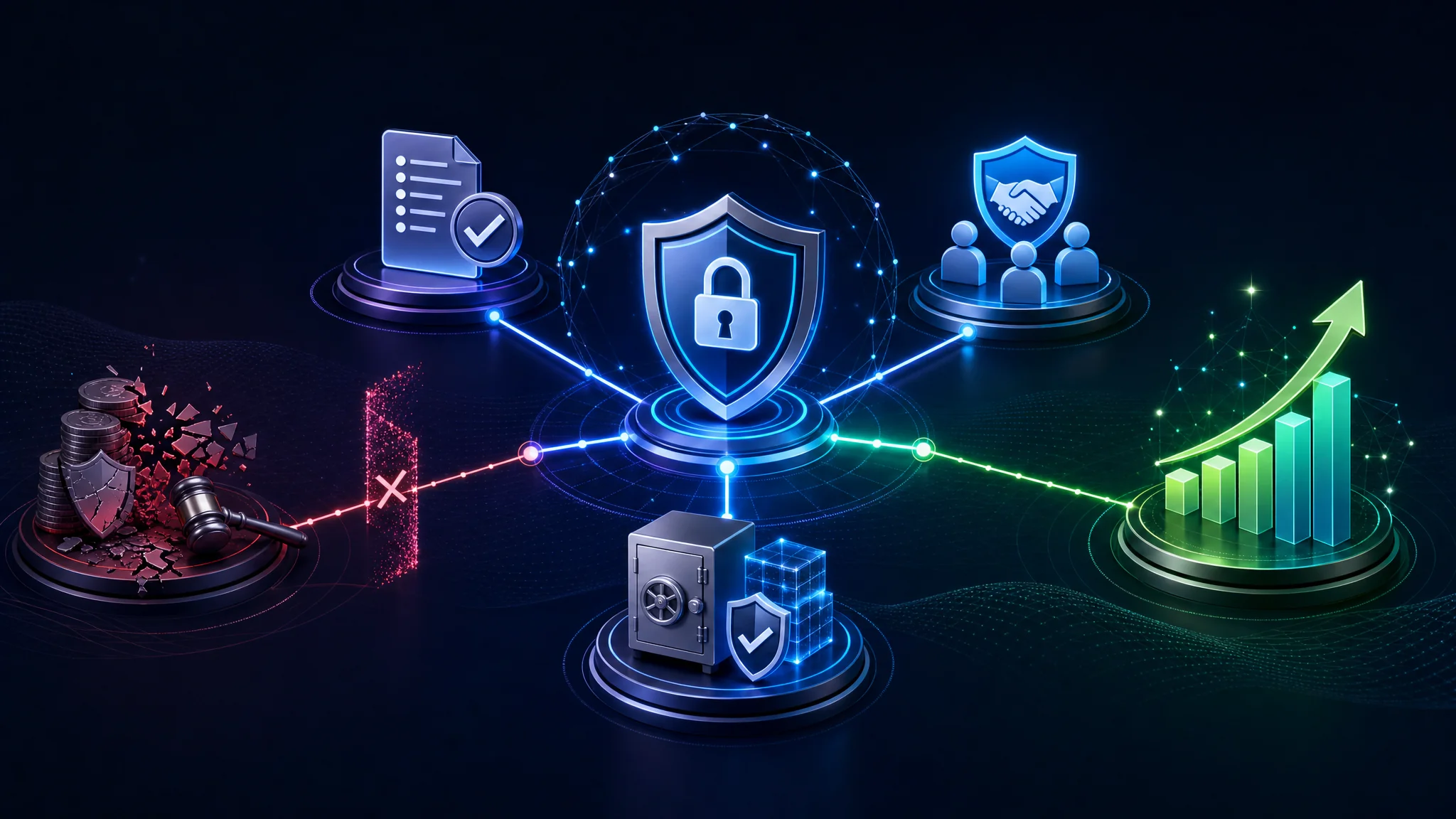 Diagram showing the legal benefits of data protection compliance including avoided fines, industry-specific regulation adherence, and stakeholder trust