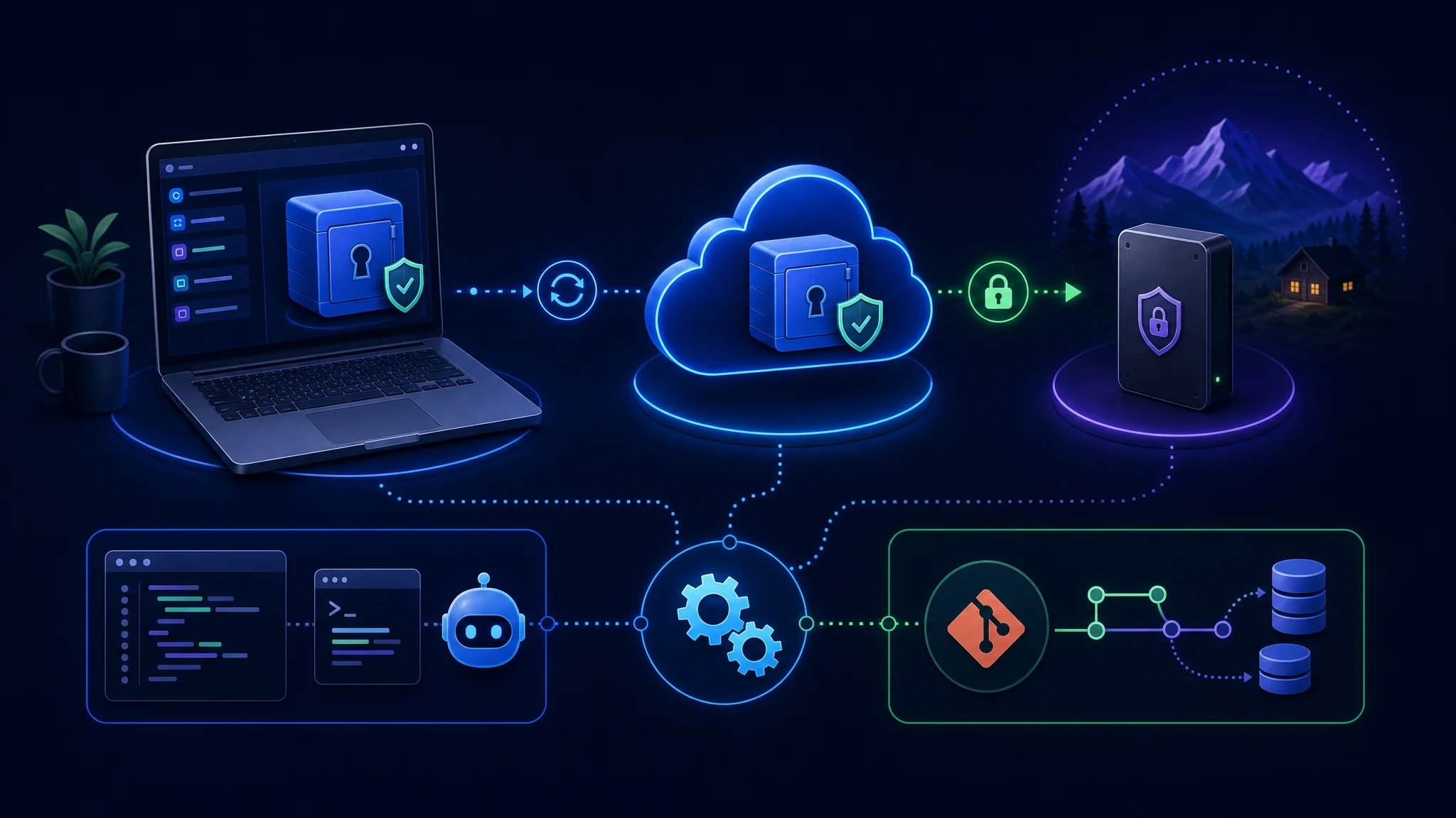 Diagram illustrating a password manager backup and recovery strategy including encrypted vault exports, secure offline storage, and emergency access planning
