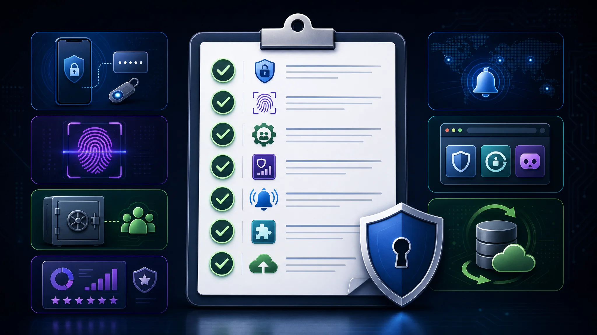 Step-by-step checklist illustrating the password manager migration process from export to import and post-migration security verification