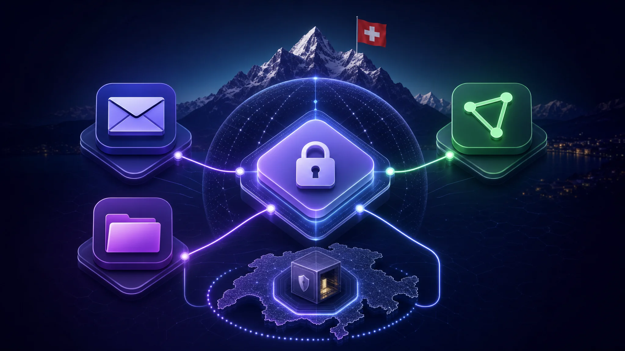 Diagram showing the Proton Pass privacy ecosystem integrating with ProtonMail, ProtonVPN, and Proton Drive under Swiss privacy law protections