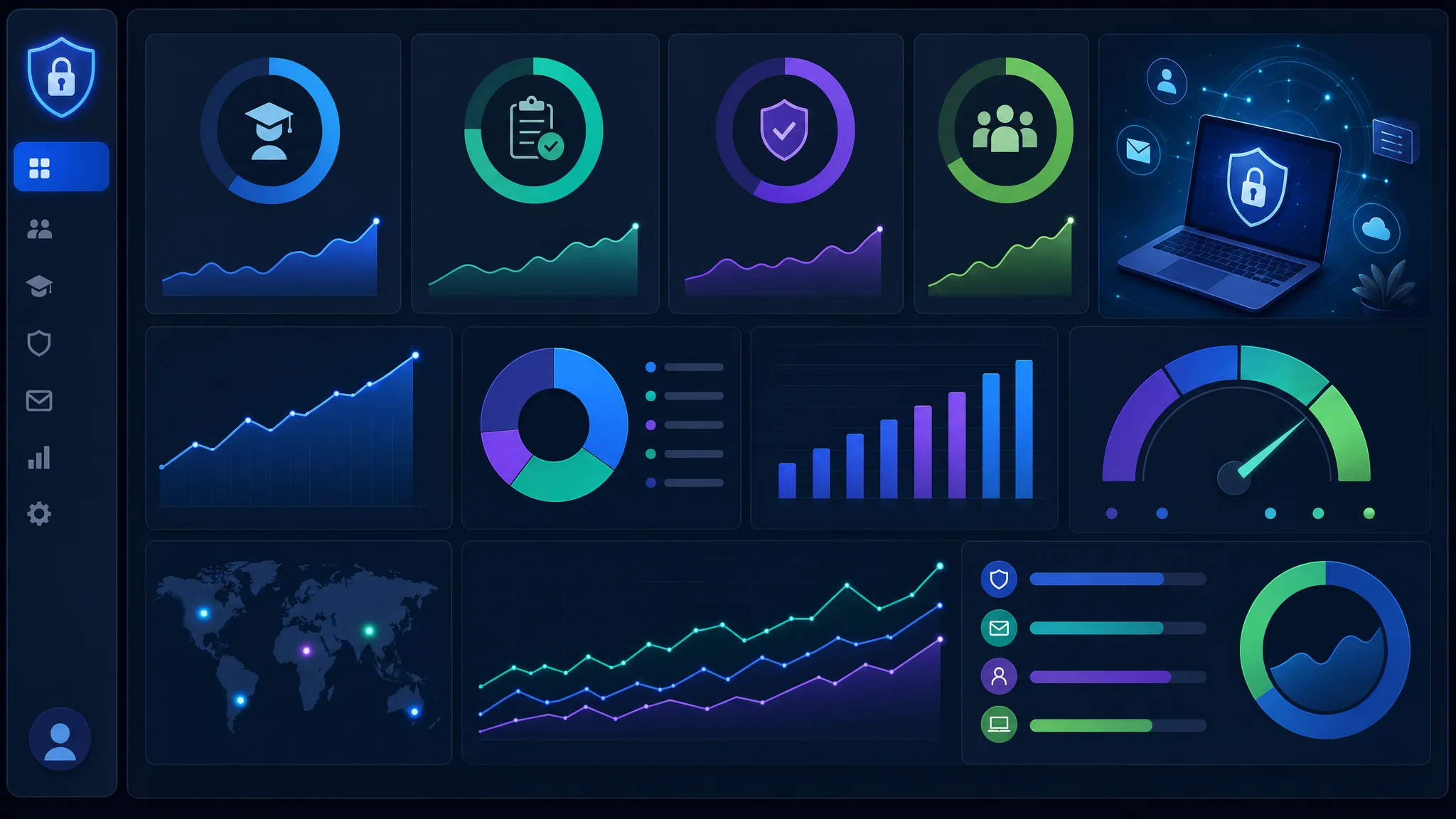 Dashboard visualization showing cybersecurity training ROI metrics including incident reduction rate, quiz scores, compliance rates, and behavioral change tracking