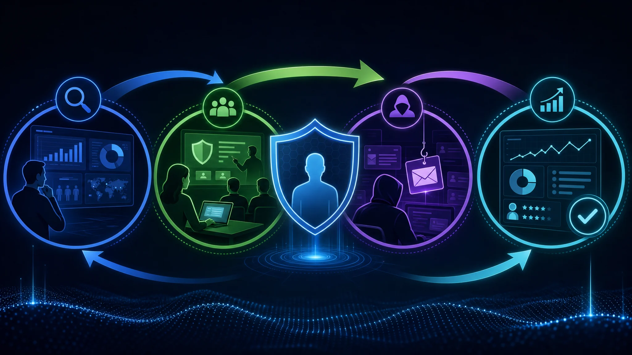 Diagram showing the human firewall training lifecycle from identifying training needs through engagement, simulated attacks, and measuring ROI