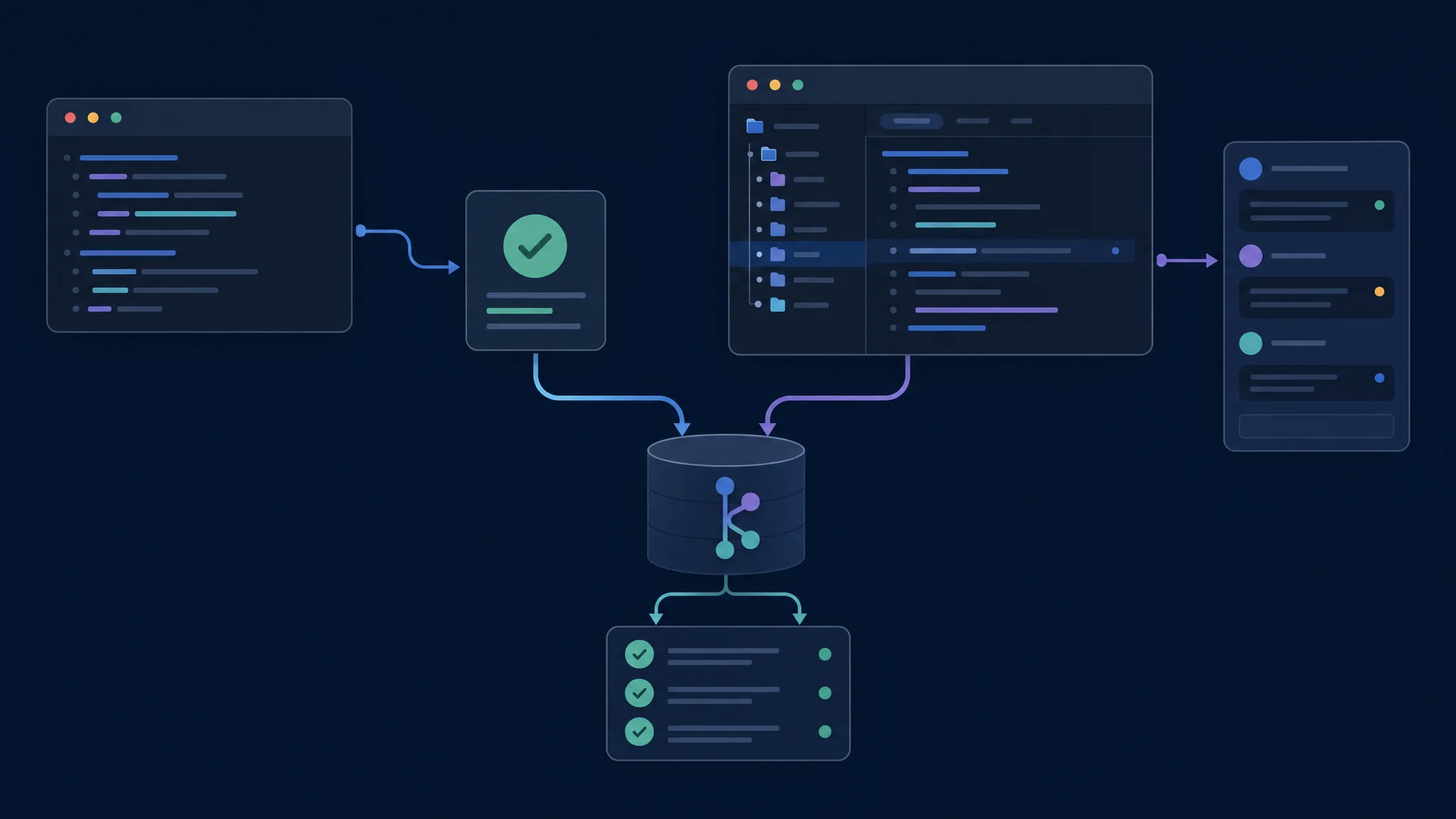 Terminal automation and desktop review panels connected to the same repository and independent validation checklist