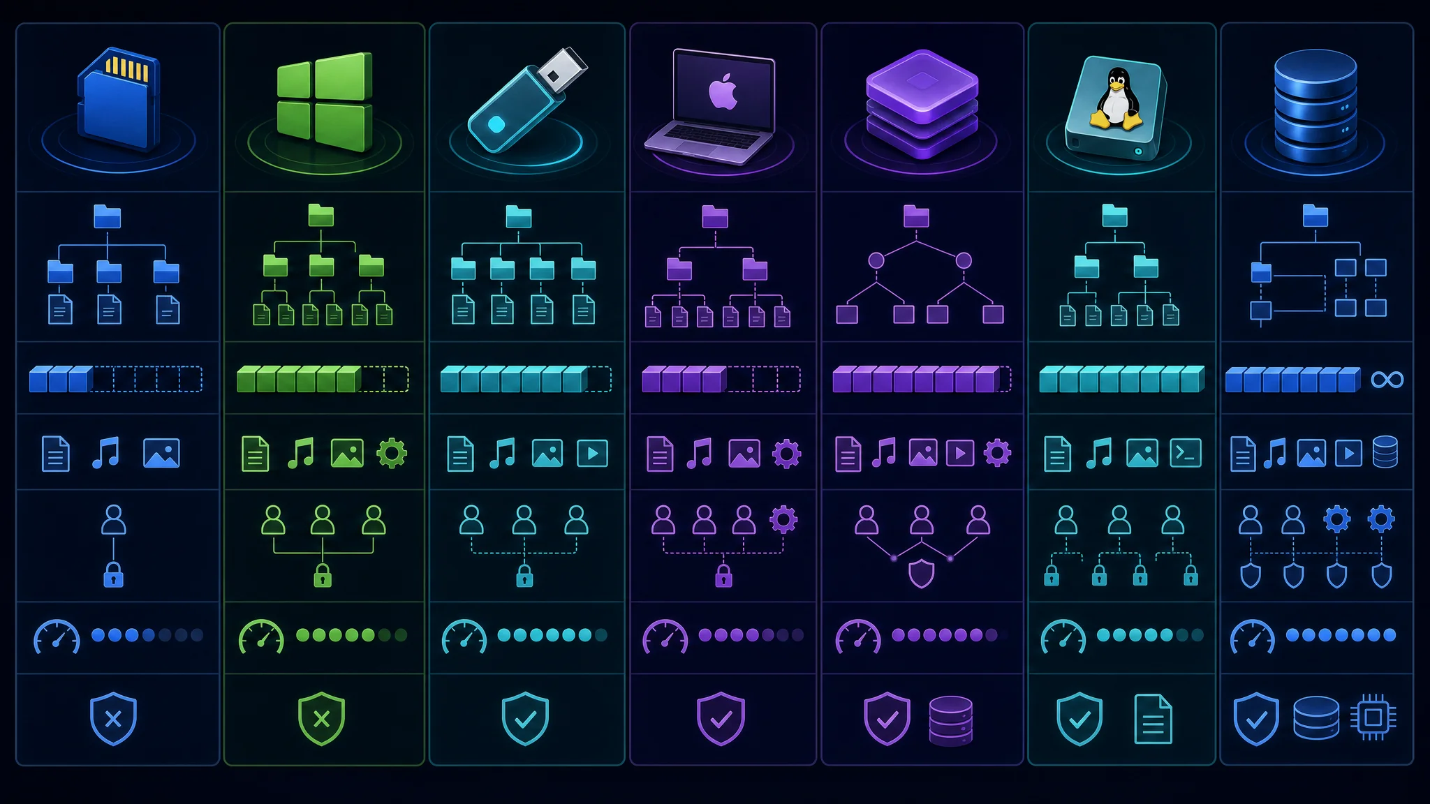 Diagram comparing FAT32, NTFS, exFAT, and other file systems by directory structure, file size limits, and access control features