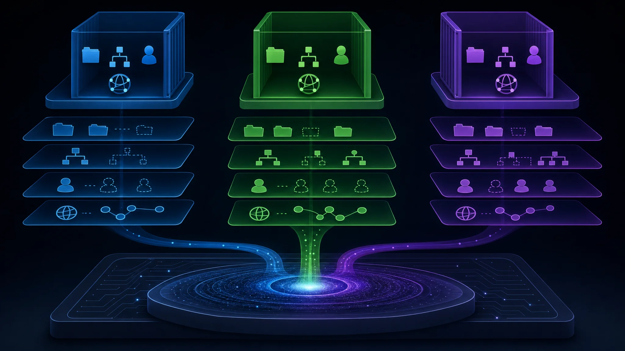 Diagram showing three containers built from the same kernel, with mount, PID, user, and network namespaces separating their views while all syscalls still route to one shared kernel underneath