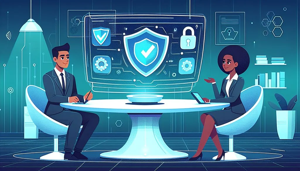 Two professionals sit across a round table facing a floating screen of checkmark shields, a padlock, and gears, reviewing and comparing policy options.