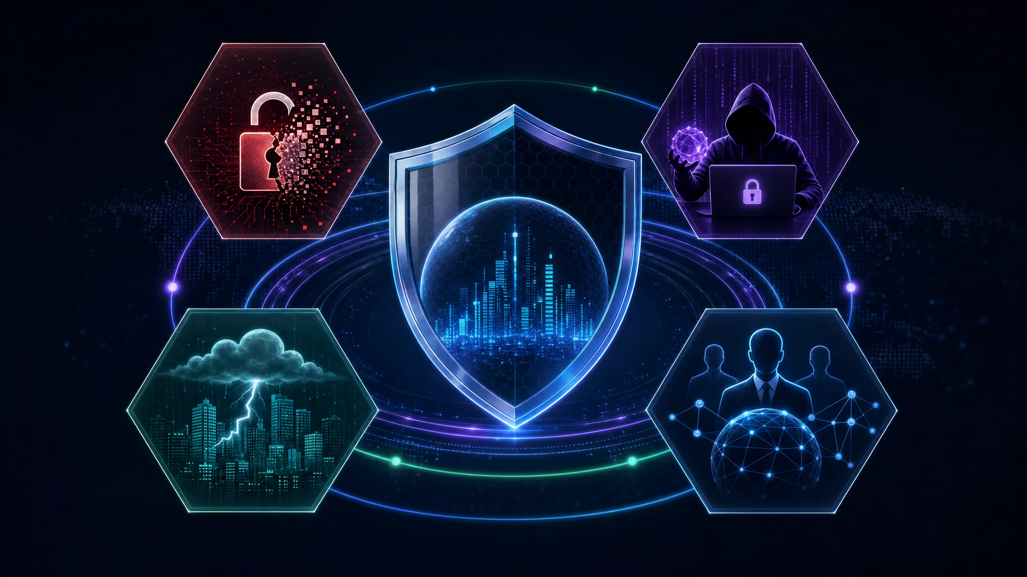Diagram showing cyber insurance coverage types including data breach costs, cyber extortion, business interruption, and third-party liability