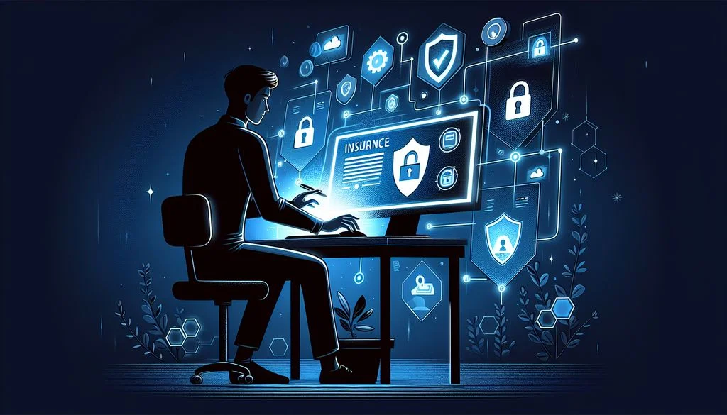 A silhouetted person at a desk works on a glowing monitor showing an insurance document and padlock shield, ringed by floating security and cloud icons.
