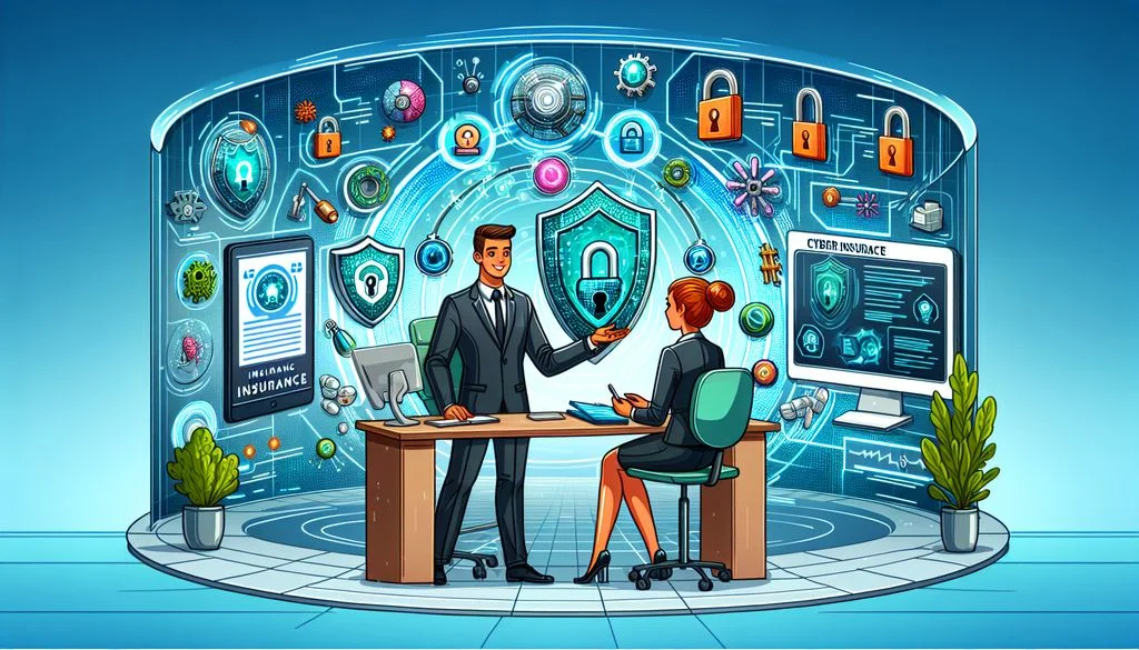 A standing agent hands a glowing padlock shield to a seated client at a desk before a screen of locks and shields, presenting cyber insurance options.