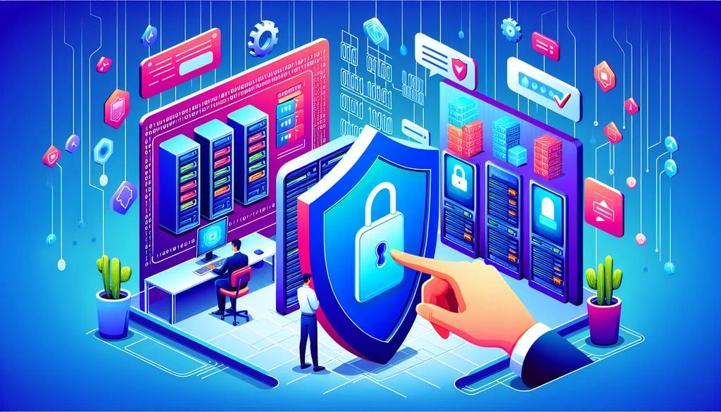 An isometric scene with a central padlock shield, a pointing hand, server racks, and code screens, showing review of security policy details.