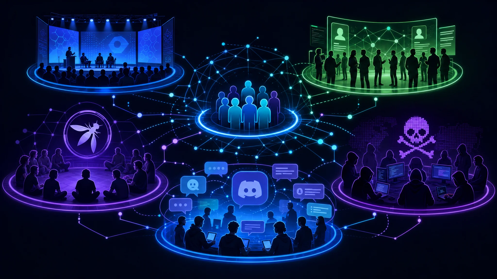 Overview of cybersecurity career networking channels including BSides conferences, LinkedIn, OWASP chapters, DEFCON groups, and online Discord communities