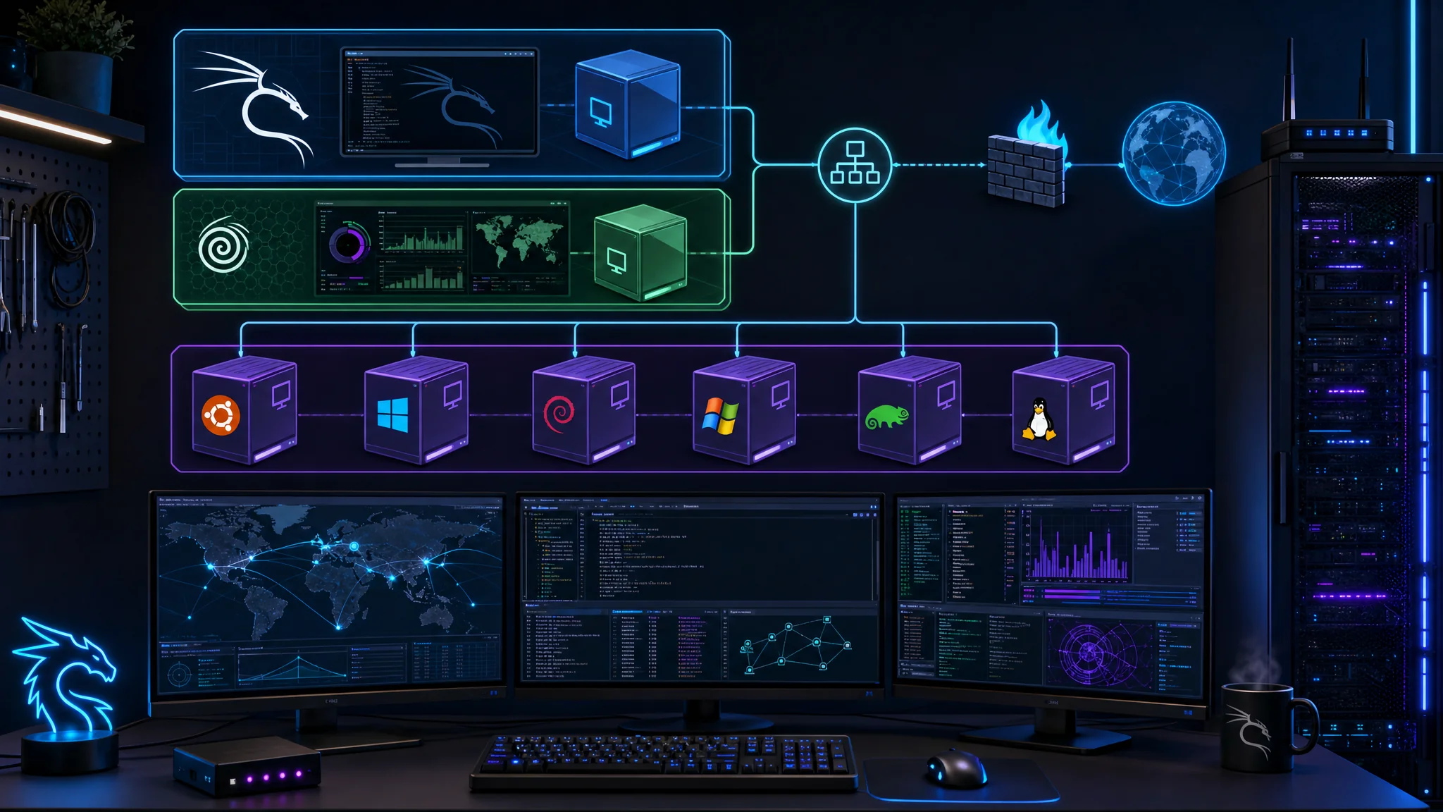 Diagram of a cybersecurity home lab setup showing virtual machine stack with Kali Linux, Security Onion, and vulnerable target machines