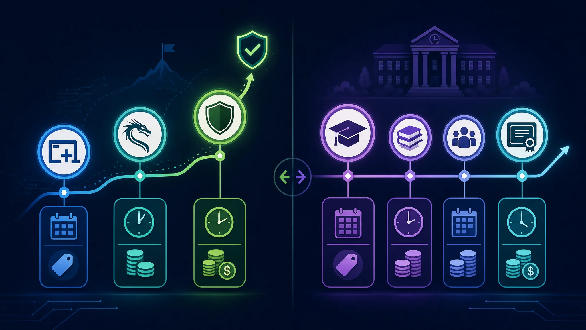 Comparison chart of college degree versus self-funded certification path in cybersecurity showing cost difference, time to employment, and career outcomes