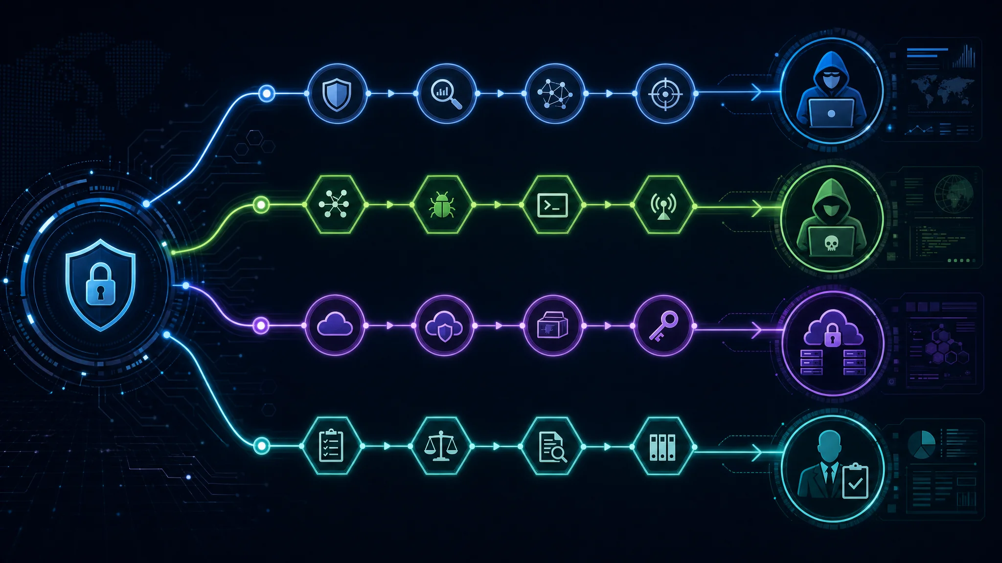 Roadmap showing recommended certification paths for SOC analyst, penetration tester, cloud security engineer, and GRC compliance analyst roles