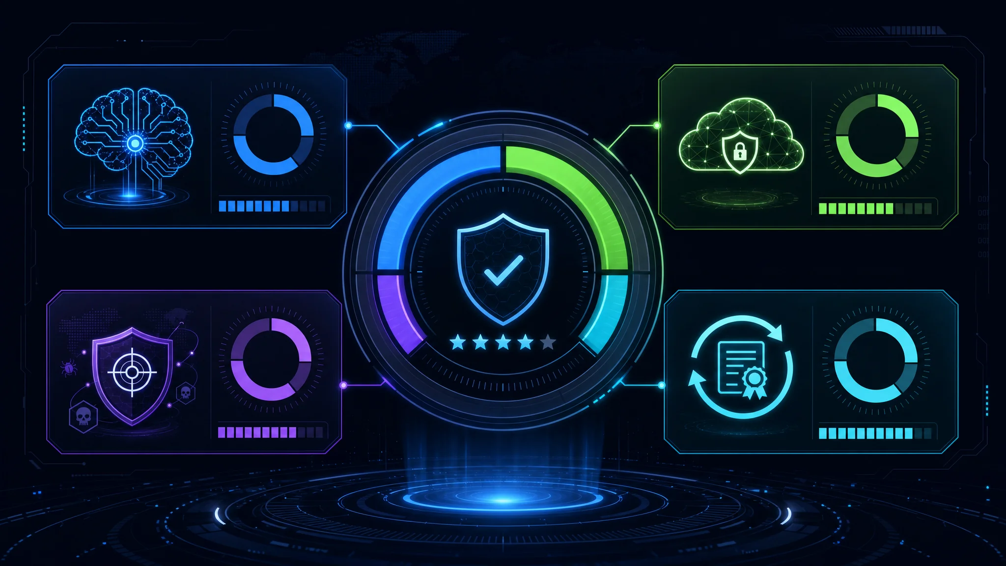 Diagram of four weighted scoring metrics for ranking cybersecurity certifications including hireability, cost, practical difficulty, and future readiness