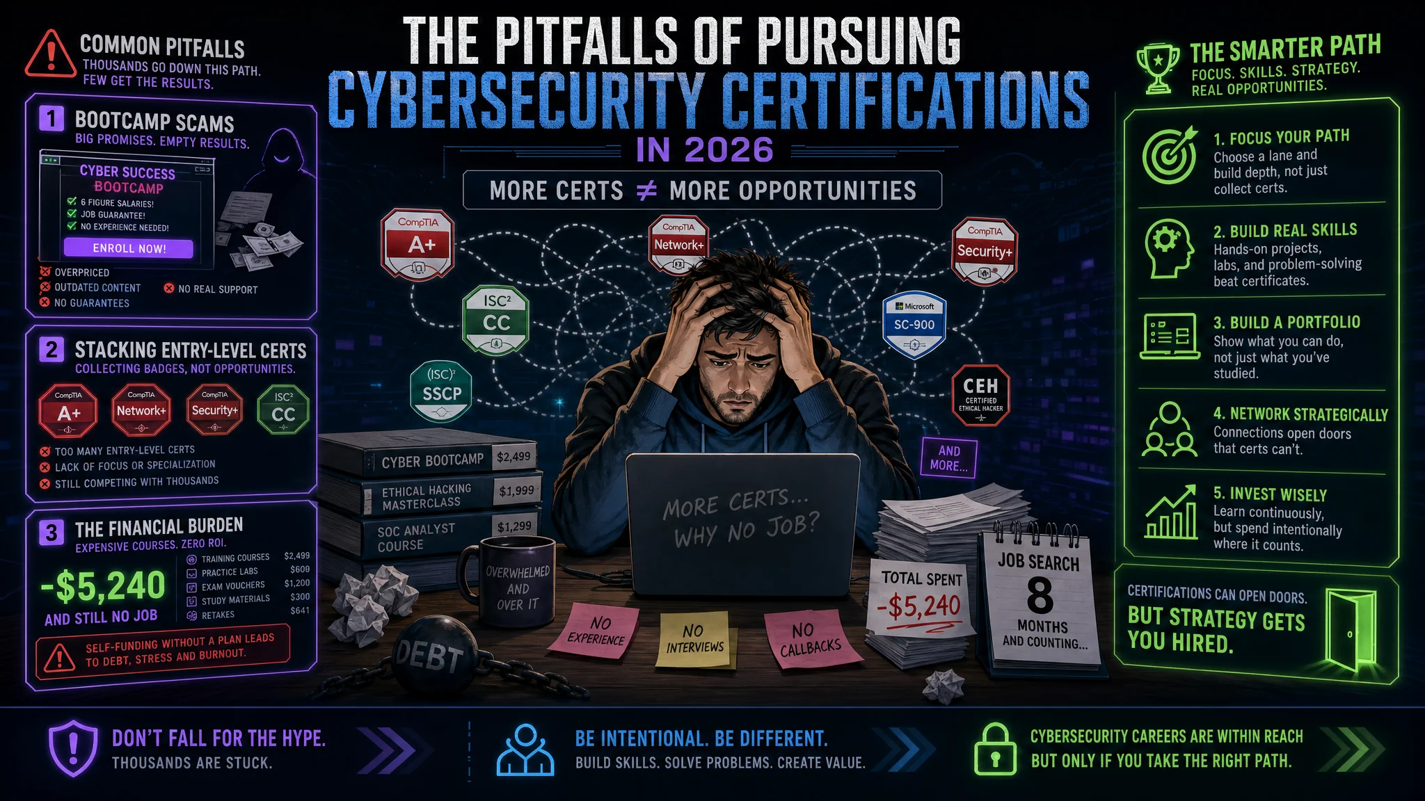 Warning signs illustrating five common cybersecurity certification mistakes including bootcamp scams, stacking entry-level certs, and self-funding SANS courses