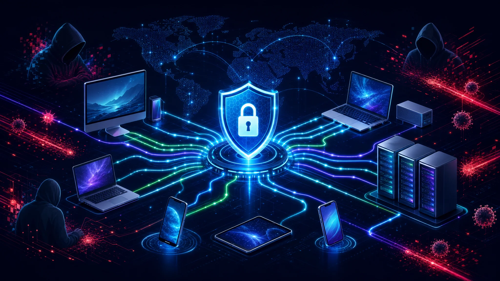 Diagram illustrating why cybersecurity matters in an interconnected world, showing devices, networks, and data flows exposed to potential cyber threats