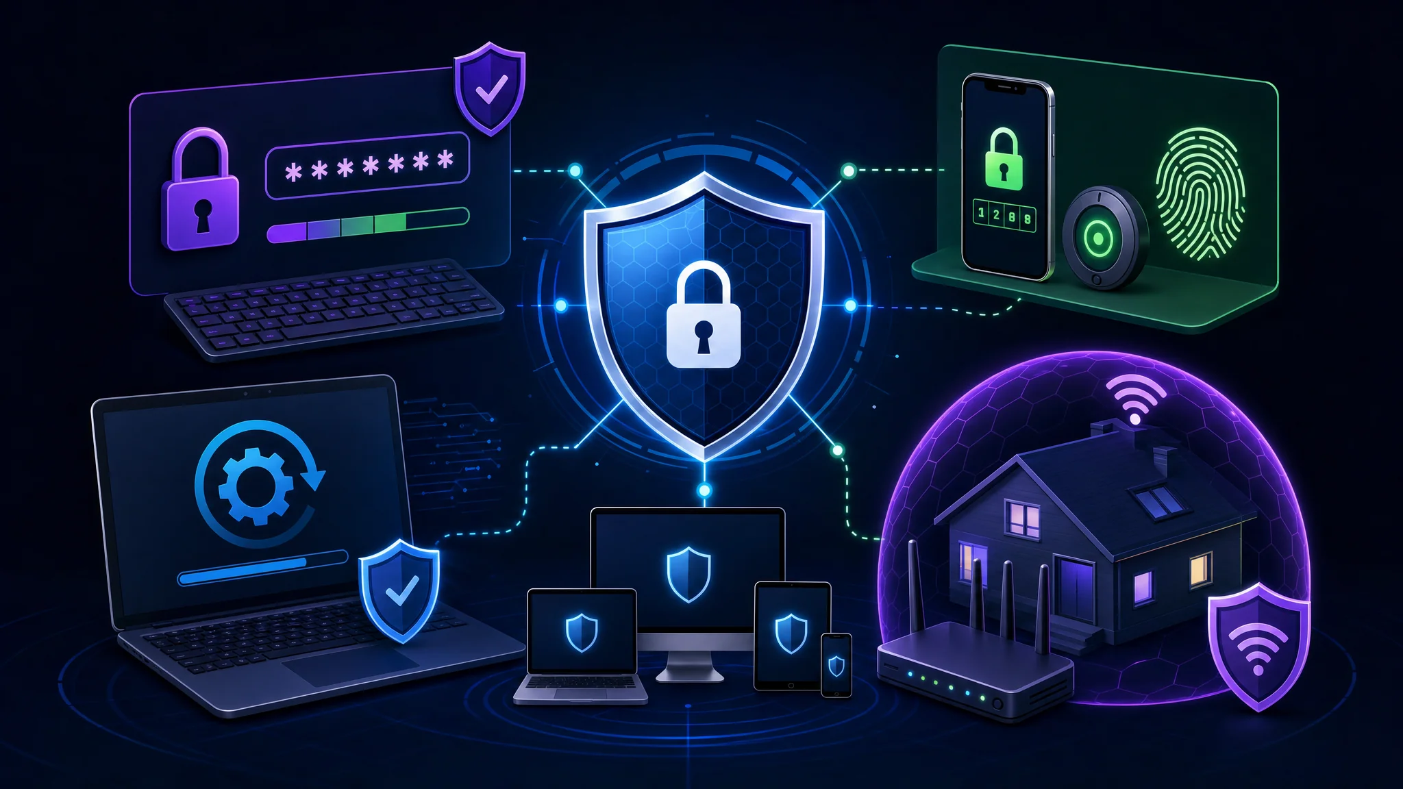 Diagram showing daily cybersecurity hygiene habits including password management, software updates, and home network security