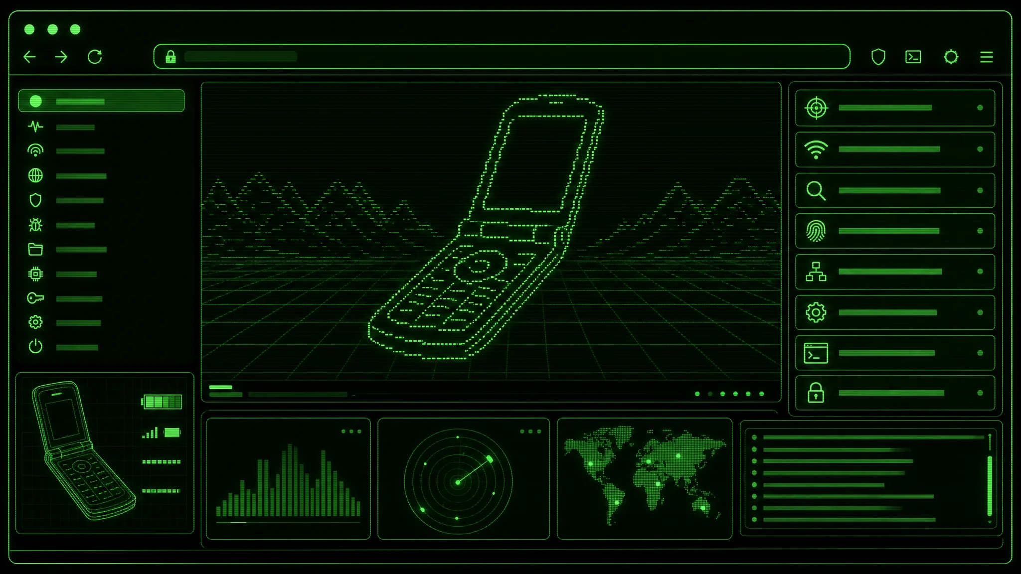 DagShell custom firmware running on Orbic RCL400 showing the green-on-black terminal interface with ASCII art and security tool menu