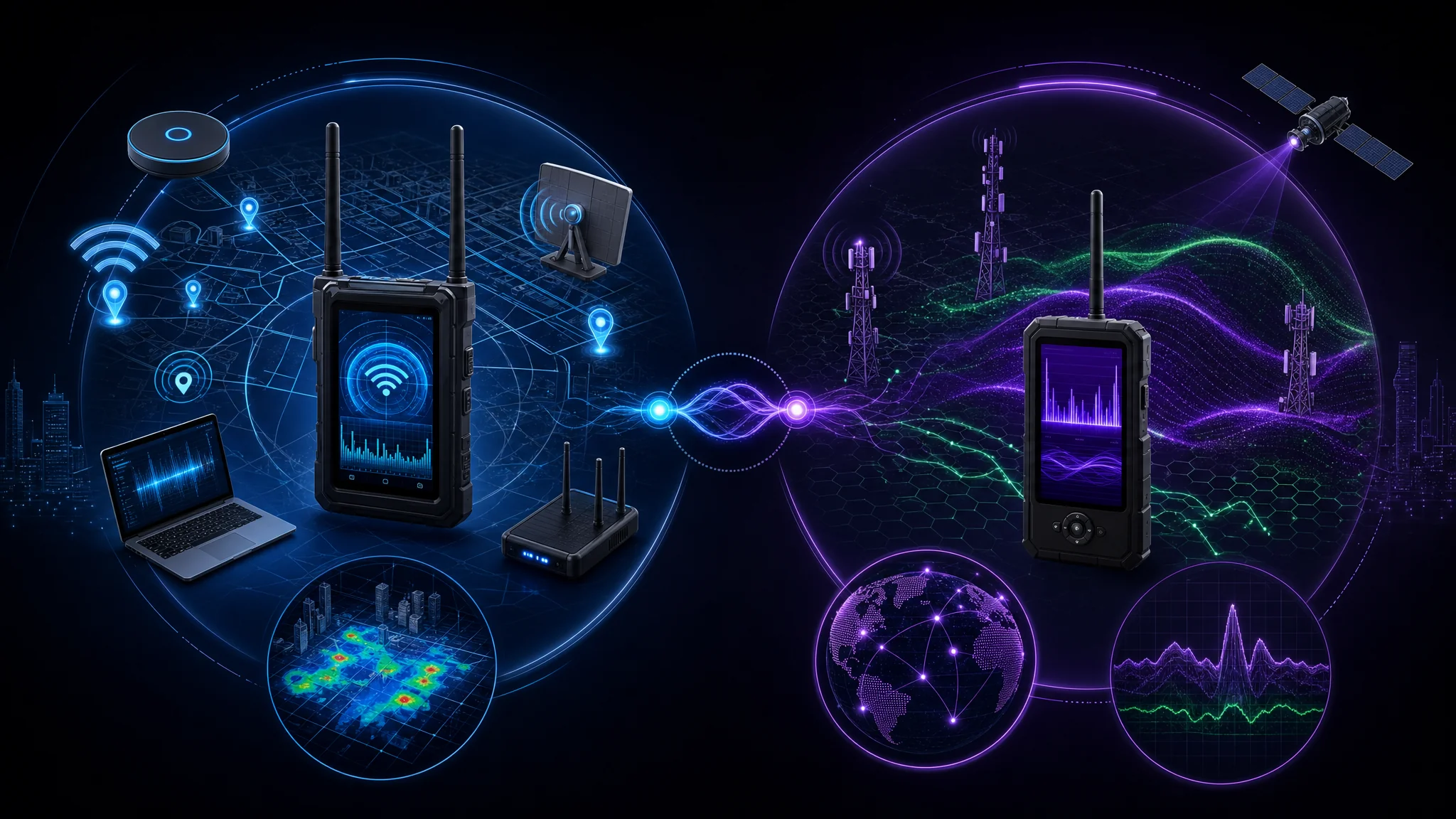 Side-by-side diagram comparing DagShell's WiFi wardriving and network attack tools against RayHunter's cellular protocol anomaly detection, both running on the same Orbic RCL400 hotspot