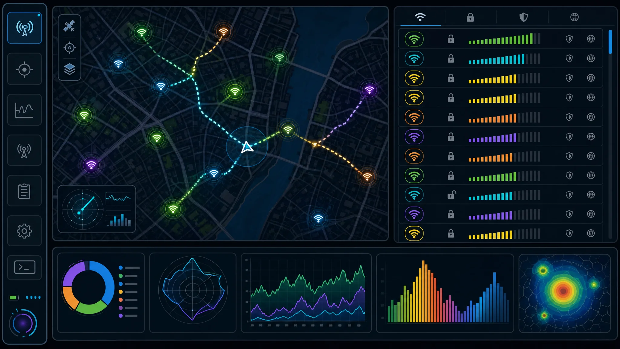 DagShell wardriving mode showing GPS coordinates, scanned WiFi networks with SSID, BSSID, encryption type, and signal strength logged to Wigle-compatible CSV