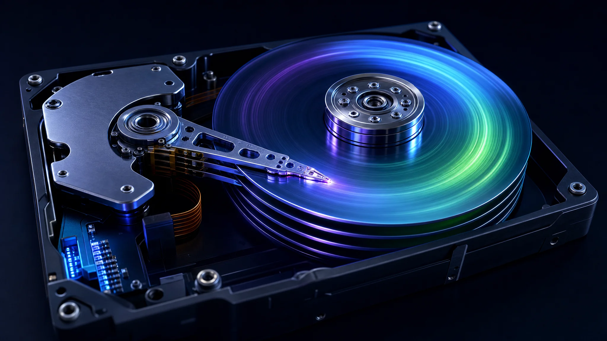 Cutaway diagram of a hard disk drive showing spinning magnetic platters and a read/write head arm accessing stored data