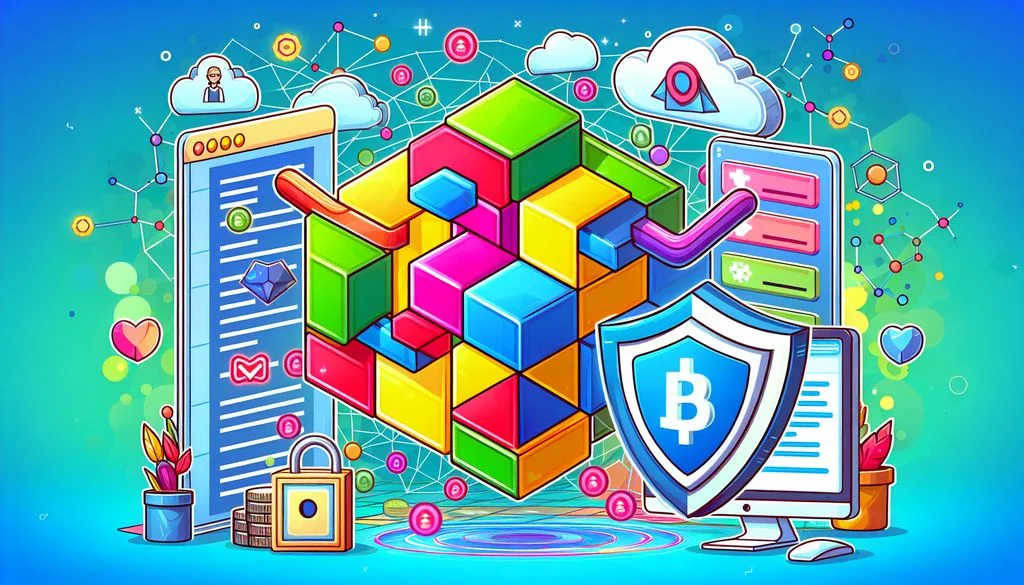 A colorful 3D block cube beside a shield with a Bitcoin symbol, flanked by document panels, a padlock on coins, and linked nodes for secure data processing.