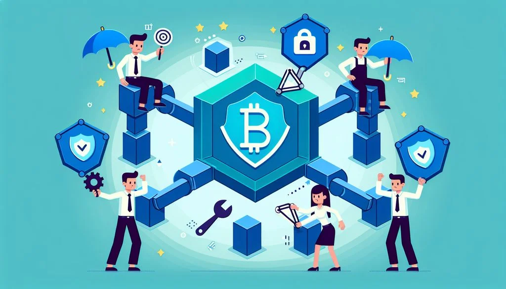 Cartoon businesspeople around a blue blockchain of linked cubes with a Bitcoin shield at the center, holding tools and checkmark shields for data integrity.