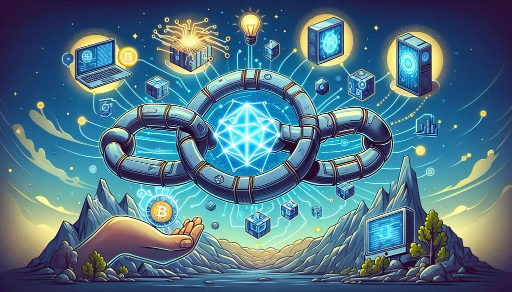 A giant chain link with a glowing network sphere floats above a mountain scene as a cupped hand holds a Bitcoin coin, with laptop and data-block icons around.