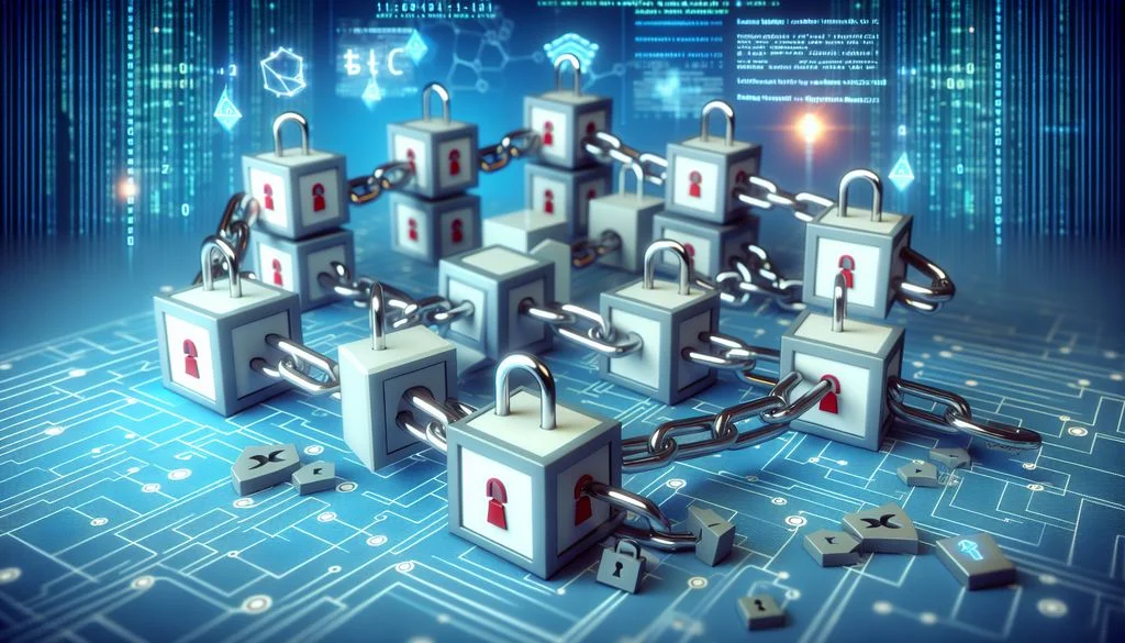 White padlock cubes chained together on a glowing blue circuit board with binary code and broken lock pieces, showing a reviewed chain of secured blocks.