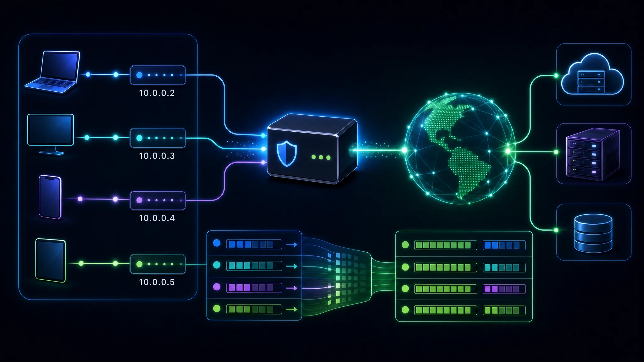 Diagram showing Network Address Translation converting private IP addresses on a local network to a single shared public IP address for internet communication