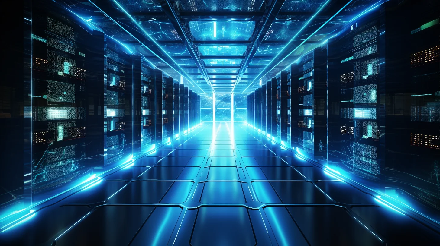 A network server room with rows of servers.