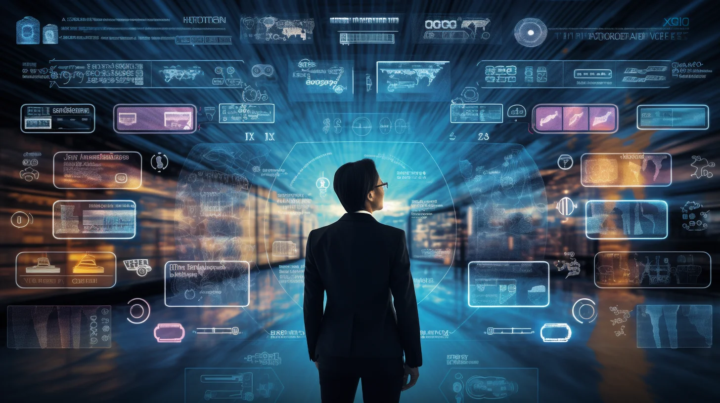 Sections highlighting tech-related terms. A visual representation of diverse tech concepts surrounding a man in a suit.