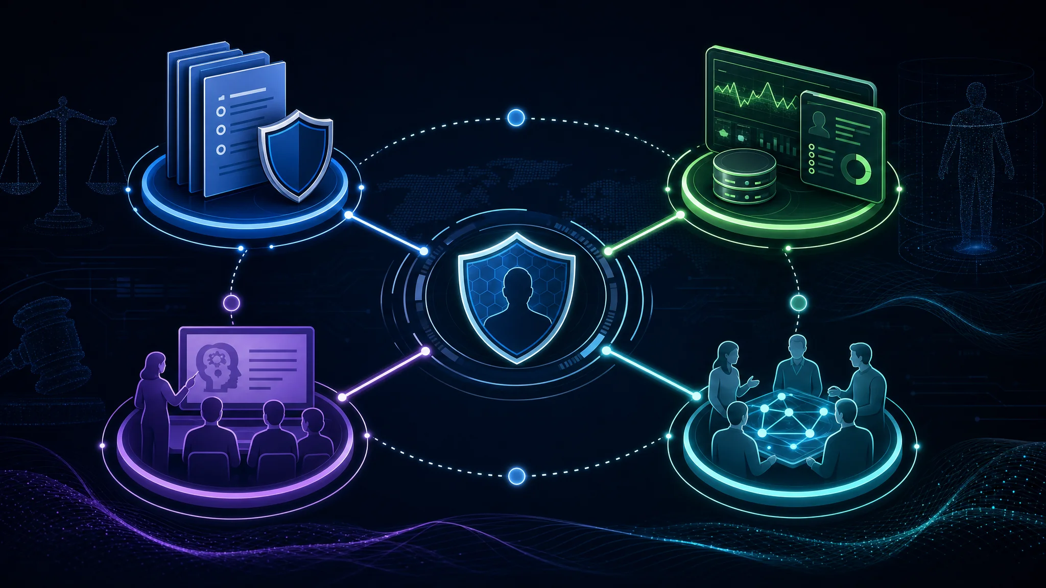 Diagram showing an insider threat program framework combining policies, monitoring technology, employee training, and cross-department collaboration