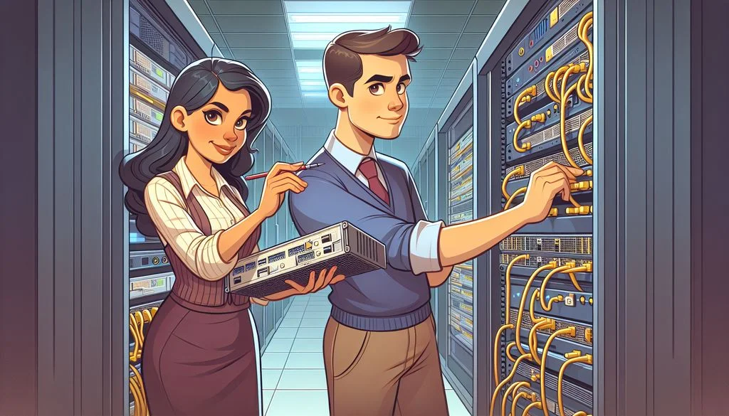 Two IT technicians in a server room, a woman holding a server unit while a man plugs yellow cables into a rack, setting up backup and failover links.