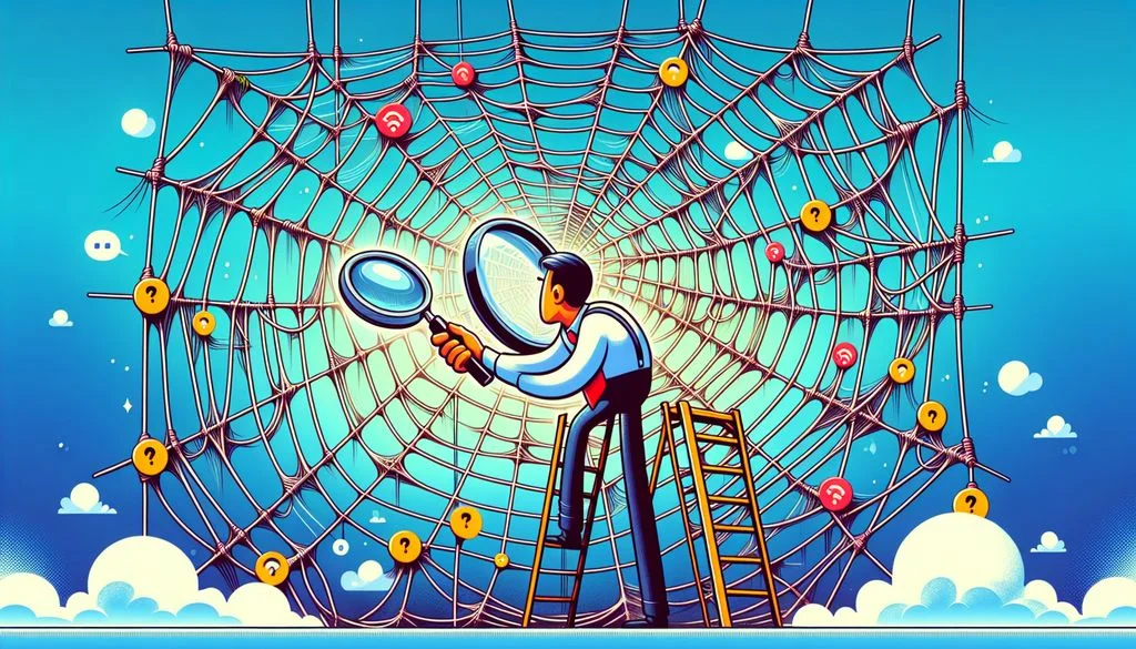 A cartoon man on a ladder uses a magnifier on a huge tangled spider web with Wi-Fi and question-mark icons caught in it, picturing a troubled connection.