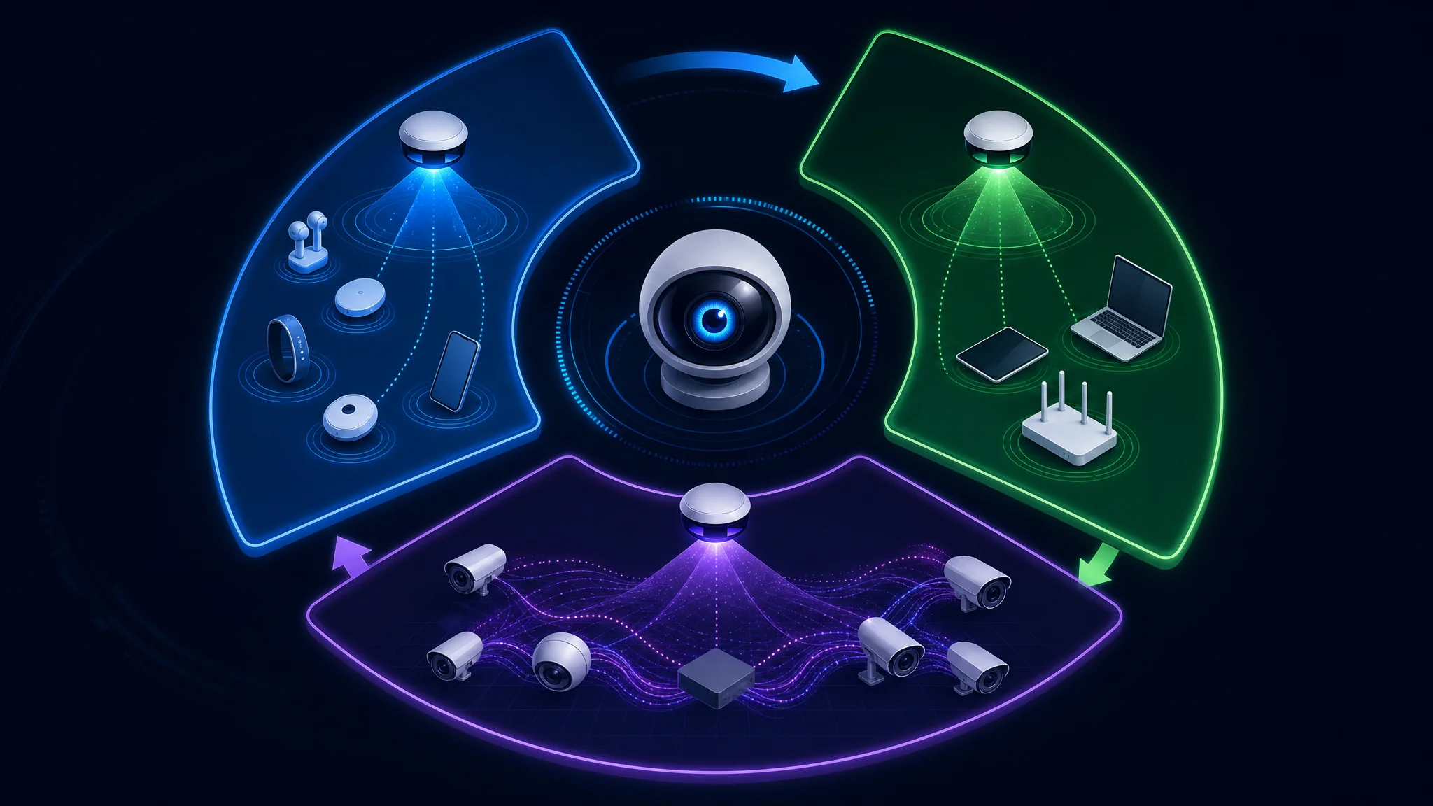 Diagram showing Eye Spy's parallel BLE and WiFi detection engines scanning for AirTags, body cameras, ALPR systems, and drones, each feeding into the confidence-score threat model