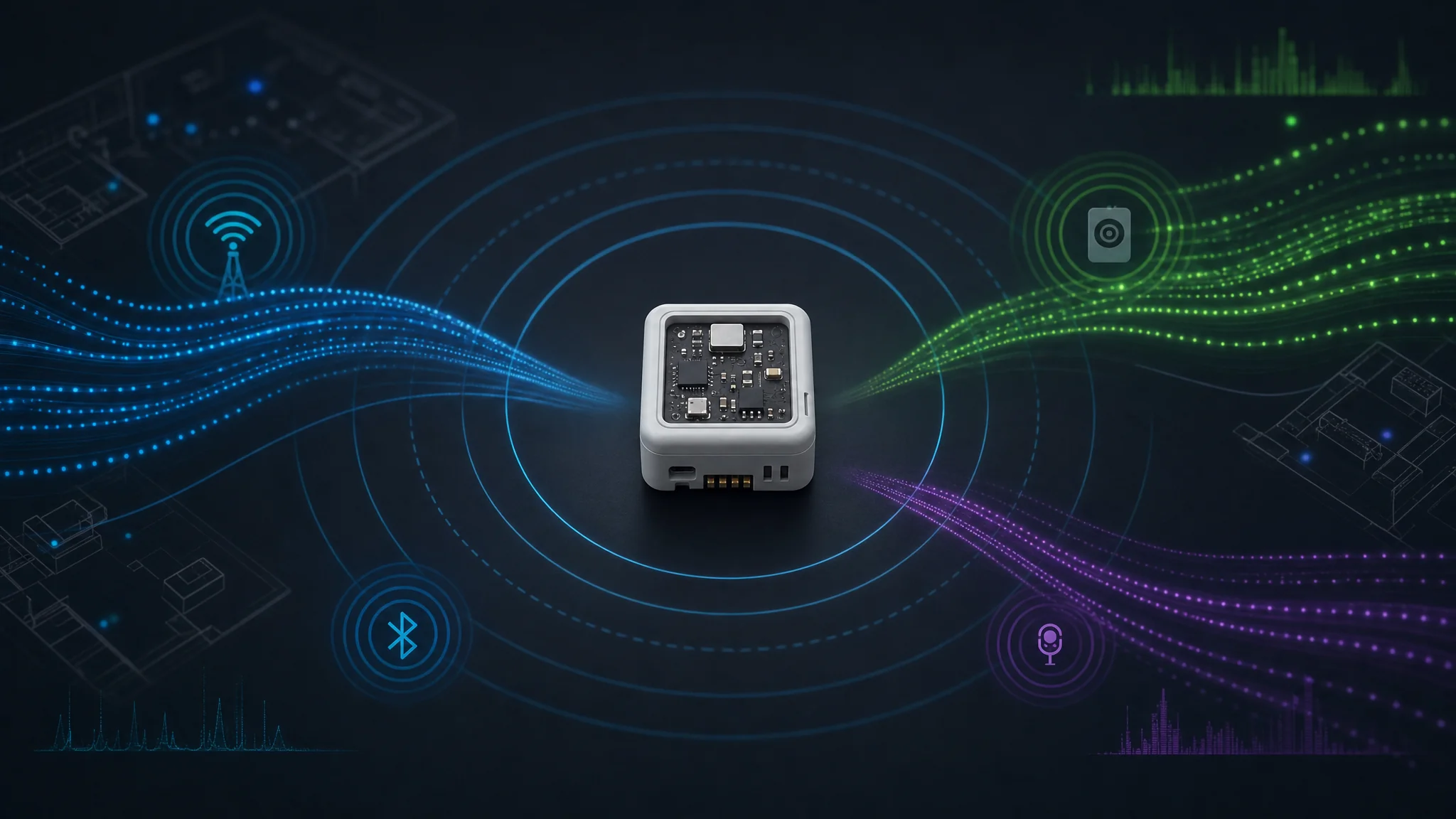 Photo-style illustration of the M5Stack Atom Lite Eye Spy device, roughly the size of a sugar cube, held between two fingers to show its compact scale