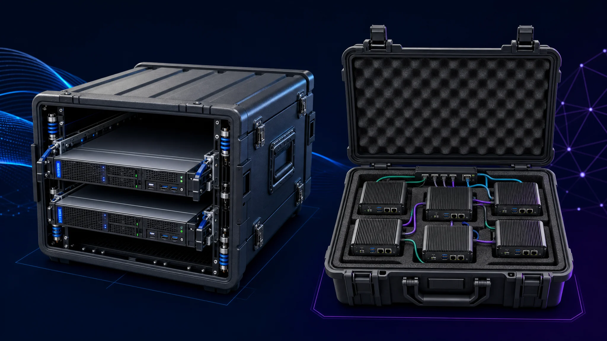 Side-by-side diagram comparing a shock-mounted rack sled case on the left with a foam-cut case holding several small fanless mini PCs on the right