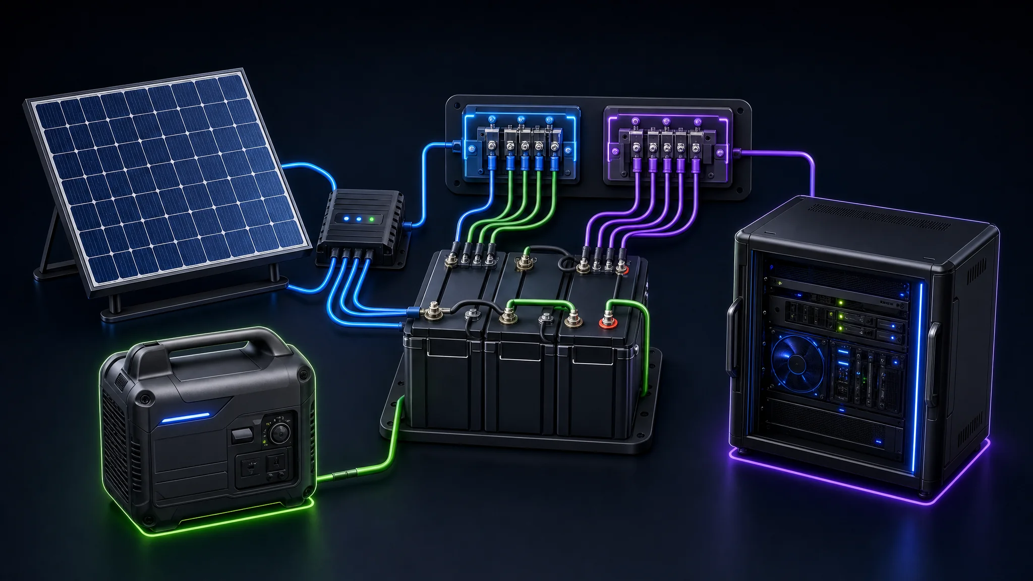 Diagram showing a solar panel and generator both charging a central battery bank, which powers a compact server case through a DC and AC distribution block