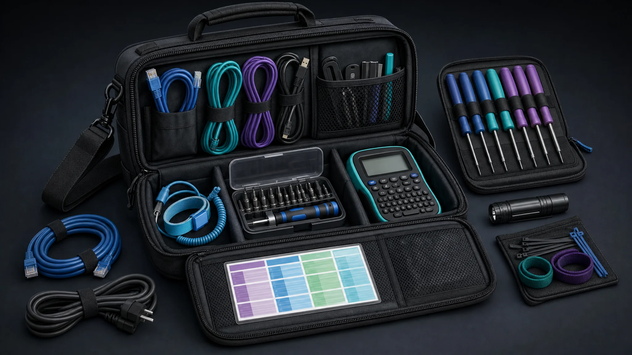 Overhead photo-style illustration of a field IT go bag laid out with labeled spare cables, a screwdriver set, an anti-static wrist strap, a label maker, and a laminated reference card