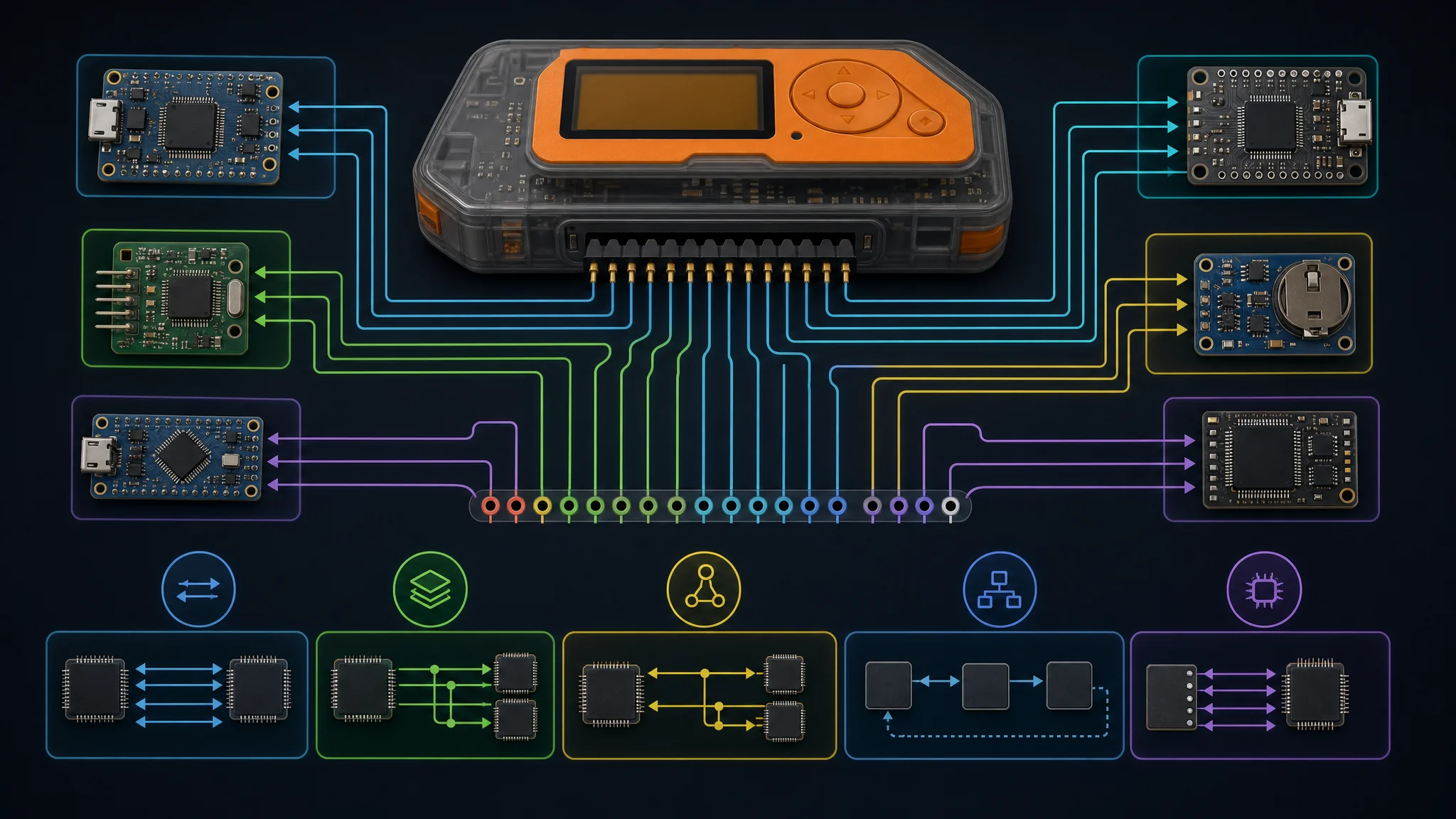 Diagram of Flipper Zero GPIO header showing UART, SPI, I2C, JTAG, and SWD connections to target embedded devices