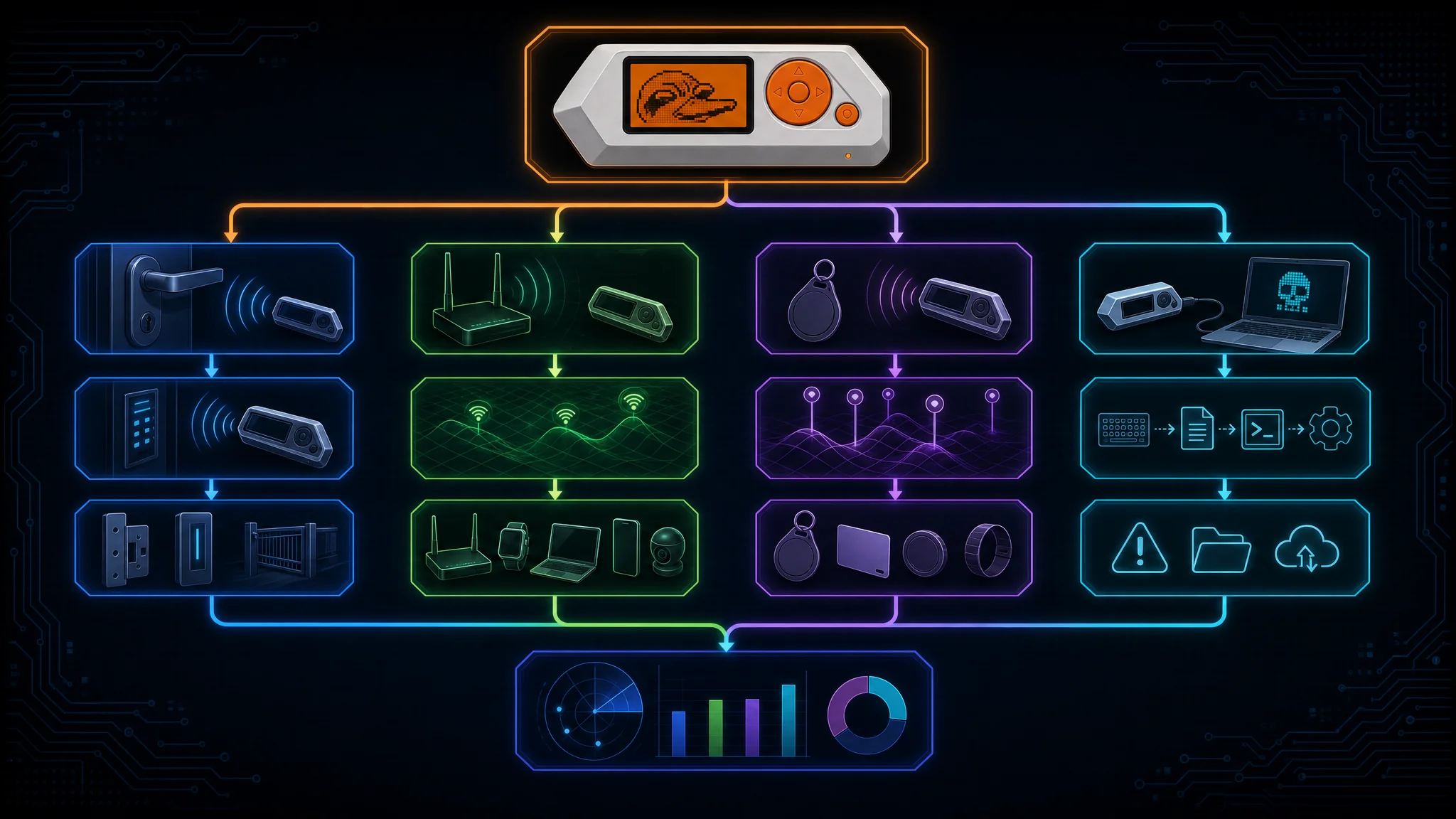 Flowchart of Flipper Zero penetration testing workflows covering physical access bypass, wireless device inventory, RFID survey, and BadUSB drop attack simulation